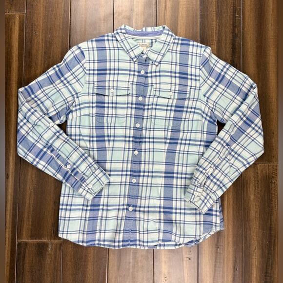 Size XS L.L.Bean Blue & White Soft Plaid Flannel Long Sleeved Shirt Gorpcore - Picture 2 of 9